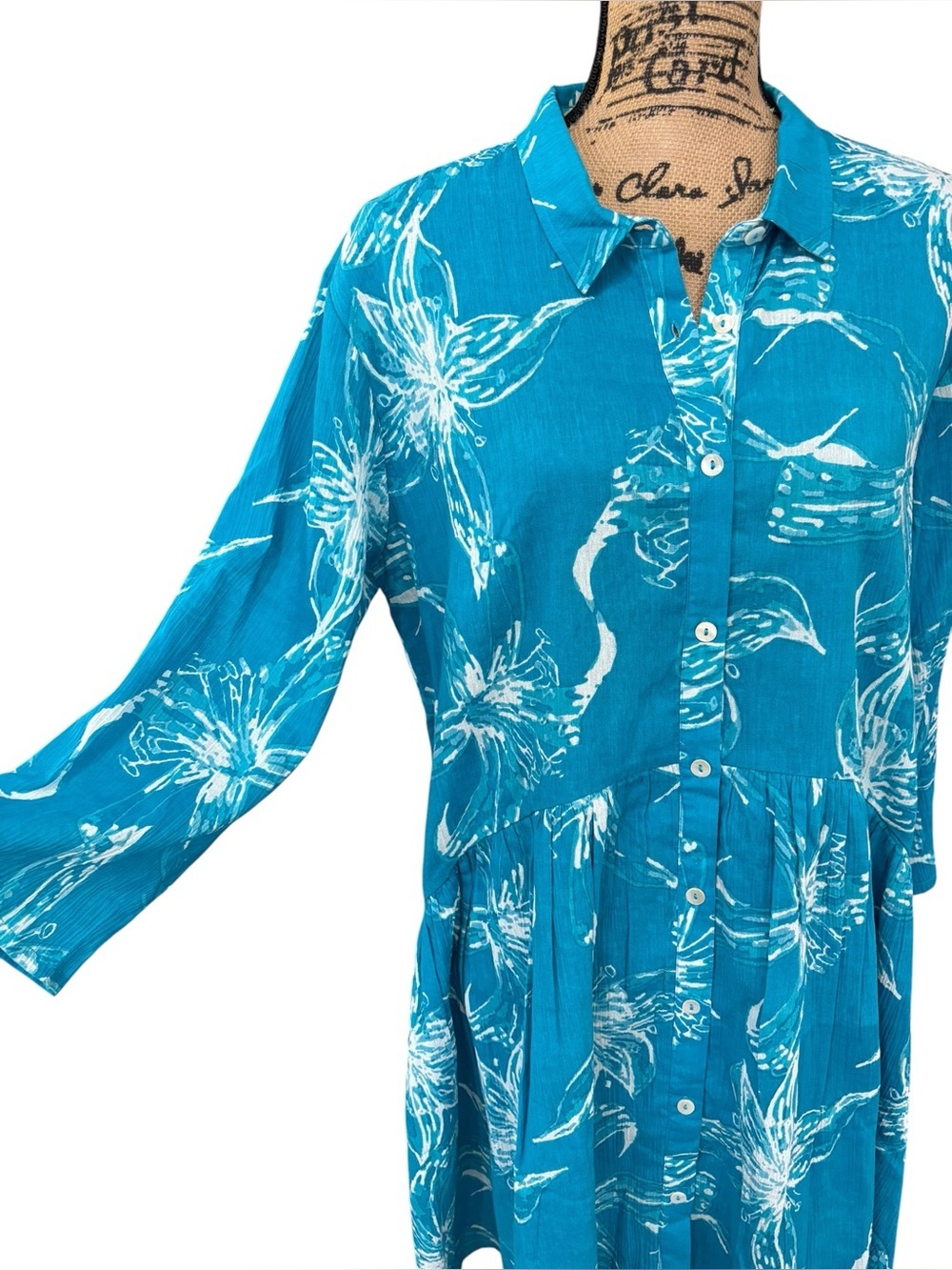 RO'S GARDEN Deauville Floral Mini Dress Button Front Collared Cotton Teal Large - Picture 4 of 9